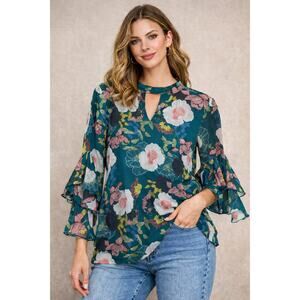 As U Wish Floral Blouse Medium Teal Sheer Ruffle Sleeve Keyhole Top